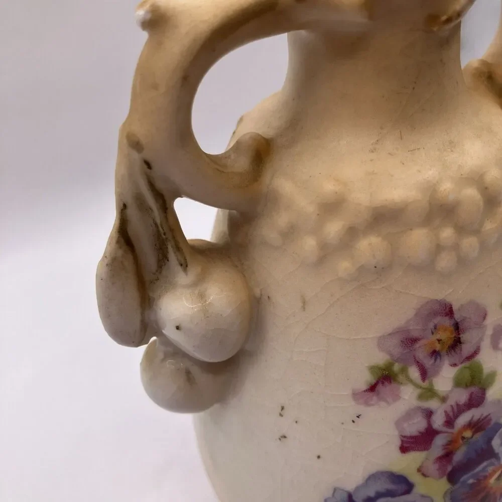 Antique Art Nouveau Porcelain Vase w Cherry Fruit Handles Austria Victorian 5.5